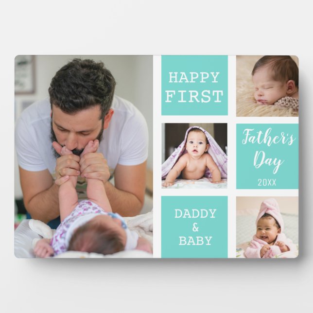 Happy First Father's Day Green 4 Photo Collage Plaque (Front)