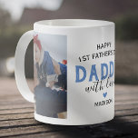 Happy First Father's Day Photo Coffee Mug<br><div class="desc">Celebrate the journey of first-time fatherhood with our modern new dad picture mug. Printed with the heartfelt phrase 'happy 1st father's day daddy', it also displays two adorable photos of the children, a symbol of love in form of a blue heart and your personalisation with their name. Grab this mug...</div>