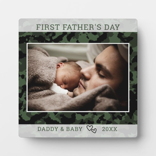 Happy First Father's Day Photo Green Camo Plaque (Front)