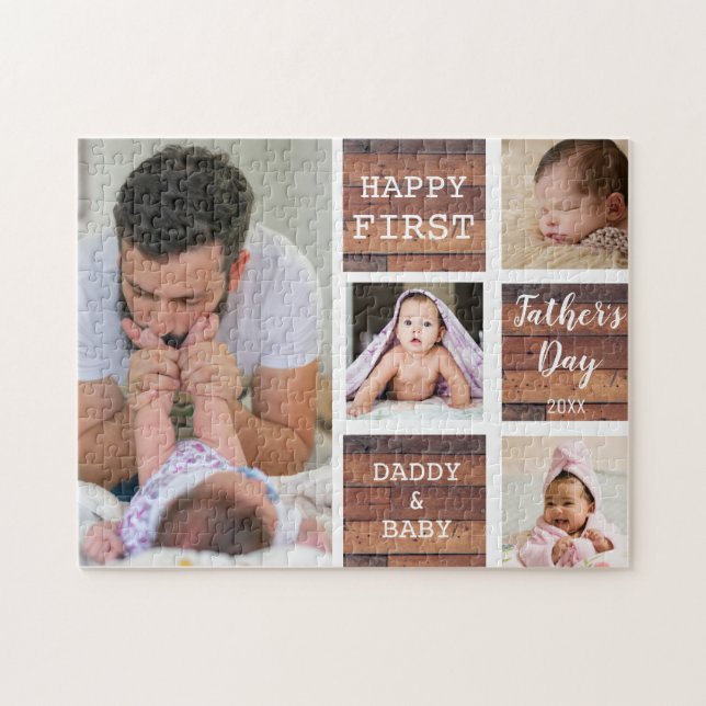 Happy First Father's Day Wood 4 Photo Collage   Jigsaw Puzzle (Horizontal)
