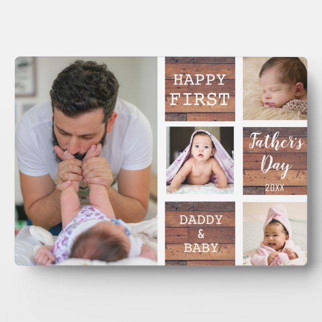 Happy First Father's Day Wood 4 Photo Collage Plaque (Front)