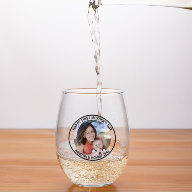 Happy First Mother’s Day Custom Photo & Text Stemless Wine Glass (Creator Uploaded)