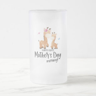 Happy First Mother’s Day 🦒 Giraffe + Butterflies Frosted Glass Beer Mug