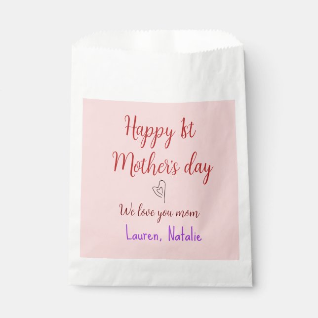 Happy first mothers day add name text mummy heart favour bags (Front)
