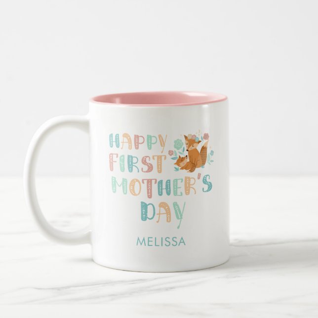 Happy First Mothers Day Boho Chic Custom Two-Tone Coffee Mug (Left)