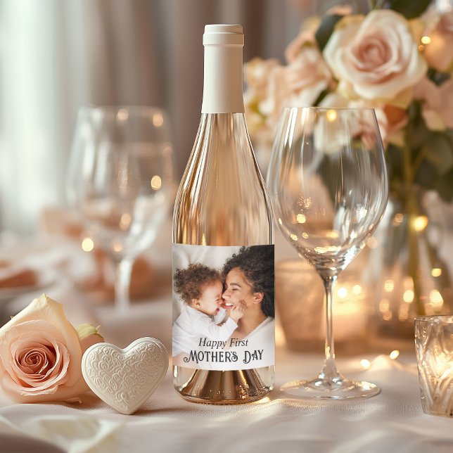 Happy First Mother's Day Custom Photo Wine Label (Celebrate her First Mother's Day with this custom photo wine label to personalize with your photo.)