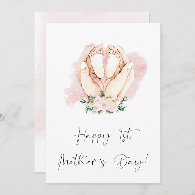 Happy First Mother's Day Floral Pink  Holiday Card (Front/Back)