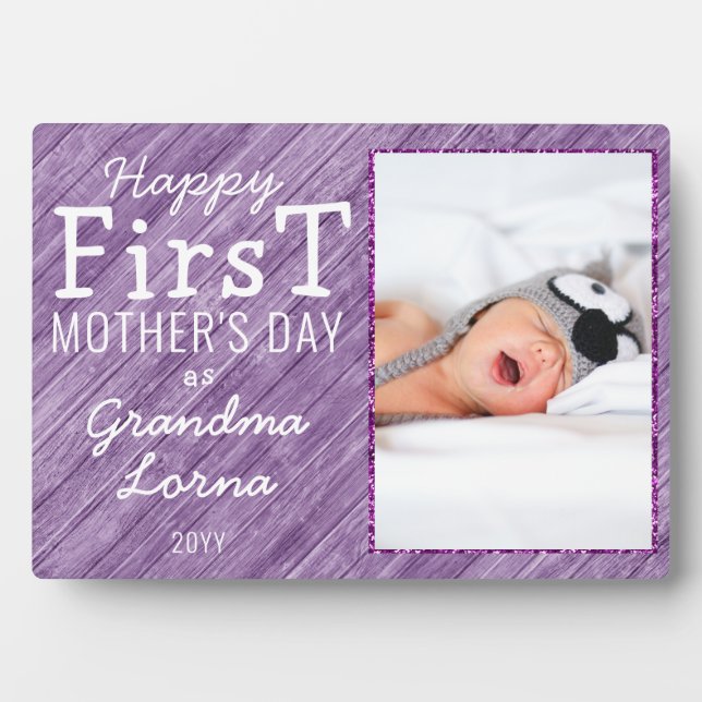 Happy First Mother's Day Grandma Photo Purple Wood Plaque (Front)