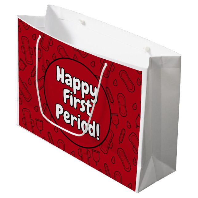 Happy First Period Party Red Tampon Pad Pattern Large Gift Bag (Front Angled)