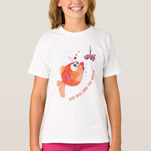 Happy Fish and Worm T-Shirt Funny - Custom Text (Front)