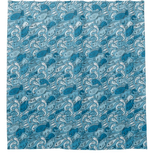 Happy Fish Pattern Blue Shower Curtain (Front)