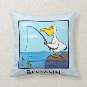 Happy fishing pelican cartoon cushion