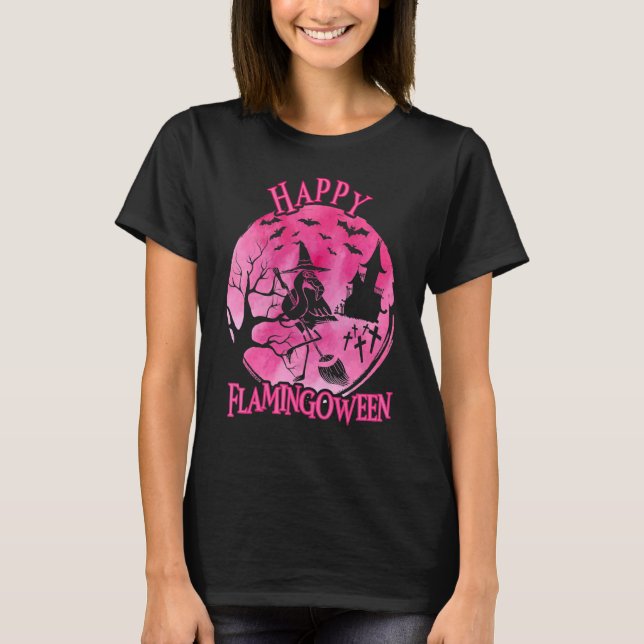 Happy Flamingoween Fall Flamingo With Broom T-Shirt (Front)