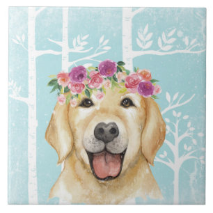 Happy Flower Animal in Blue Forest-Dog-Retriever Tile