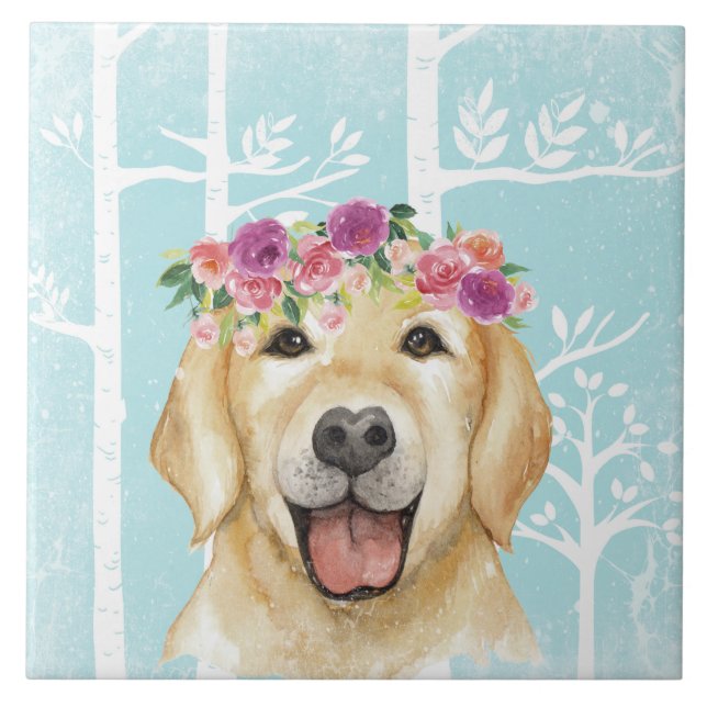 Happy Flower Animal in Blue Forest-Dog-Retriever Tile (Front)