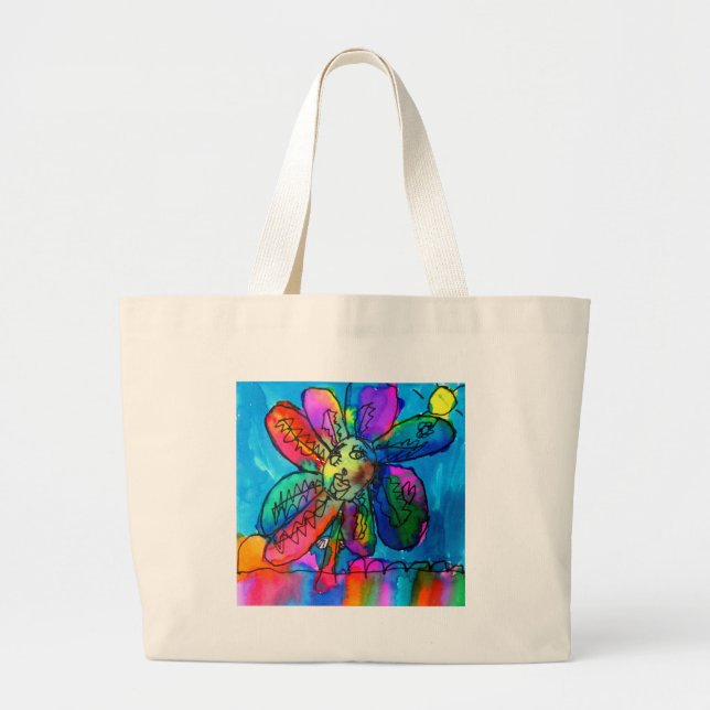 Happy Flower kid's art pink and blue pen and ink Large Tote Bag (Front)