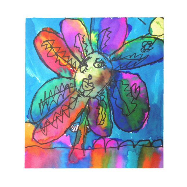 Happy Flower kid's art pink and blue pen and ink Notepad (Front)