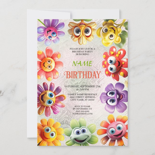 Happy Flowers Birthday Party Invitation (Front)