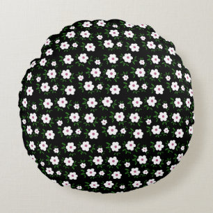 Happy Flowers on Black Round Cushion
