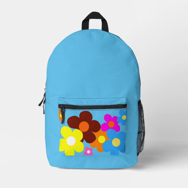 Happy Flowers Pale Sky Blue Printed Backpack (Front)