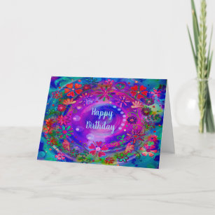 Happy Flowers Purple Colourful Birthday Wishes Card