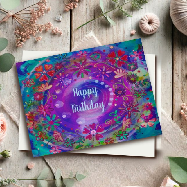 Happy Flowers Purple Colourful Birthday Wishes Card (Creator Uploaded)