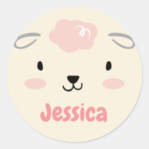 Happy Fluffy Pink Baby Sheep Face Classic Round Sticker