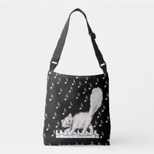 Happy Fluffy Tail White Cat Dancing on Piano Keys Crossbody Bag