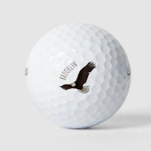 Happy flying bald eagle cartoon illustration golf balls