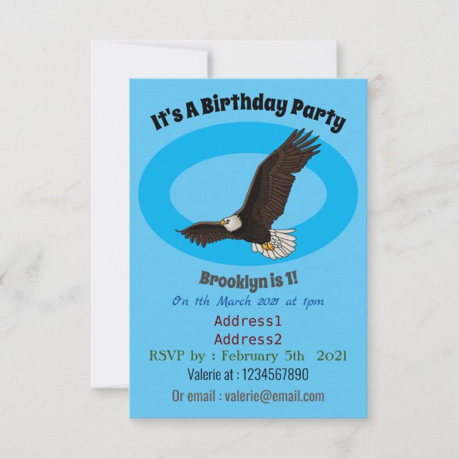 Happy flying bald eagle cartoon illustration invitation (Front)