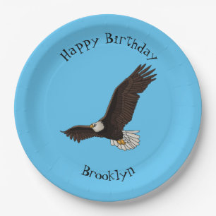 Happy flying bald eagle cartoon illustration paper plate