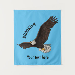 Happy flying bald eagle cartoon illustration tapestry
