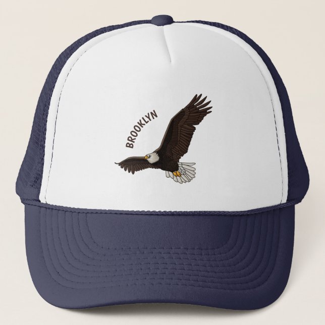 Happy flying bald eagle cartoon illustration  trucker hat (Front)