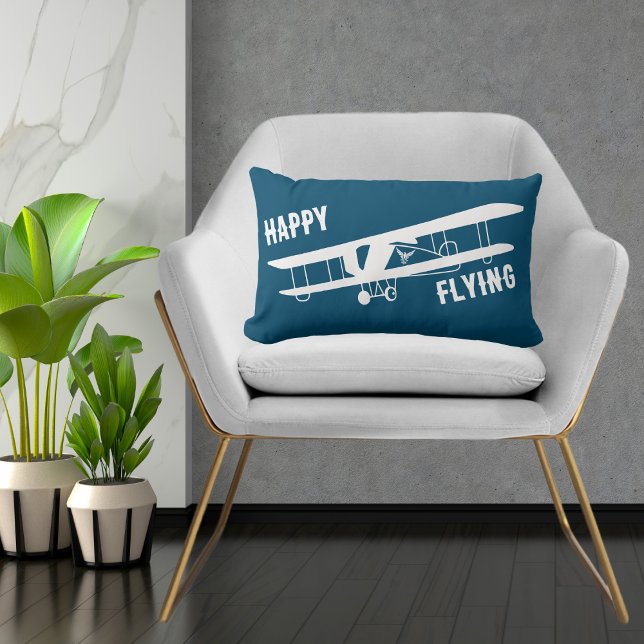Happy Flying Typography & Aeroplane, Blue,Simple Lumbar Cushion (Creator Uploaded)