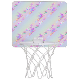 Happy Flying Witch Bright Pastel Rainbow Pattern Mini Basketball Hoop