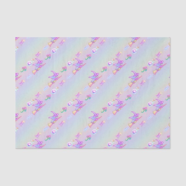 Happy Flying Witch Bright Pastel Rainbow Pattern Tissue Paper (Front)