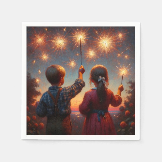 Happy Fourth Children with Sparklers Personalised Napkin (Front)