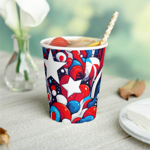 Happy Fourth of July   Abstract Stars and Stripes Paper Cups