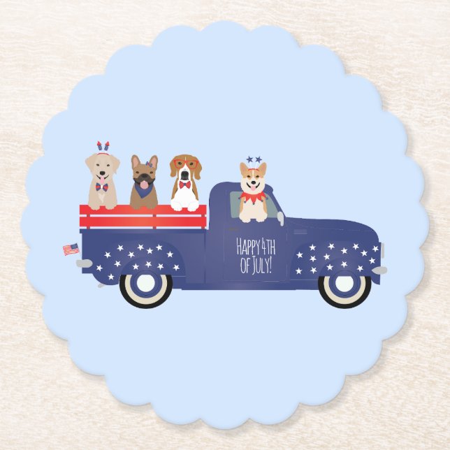 Happy Fourth Of July Dogs Pickup Truck Paper Coaster (Front)