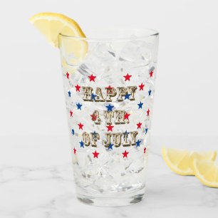 Happy fourth of July, gold, red white blue stars Glass