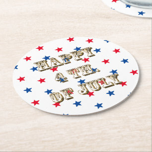 Happy fourth of July, gold, red white blue stars Round Paper Coaster