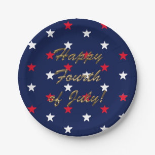 Happy fourth of July gold script patriotic stars Paper Plate