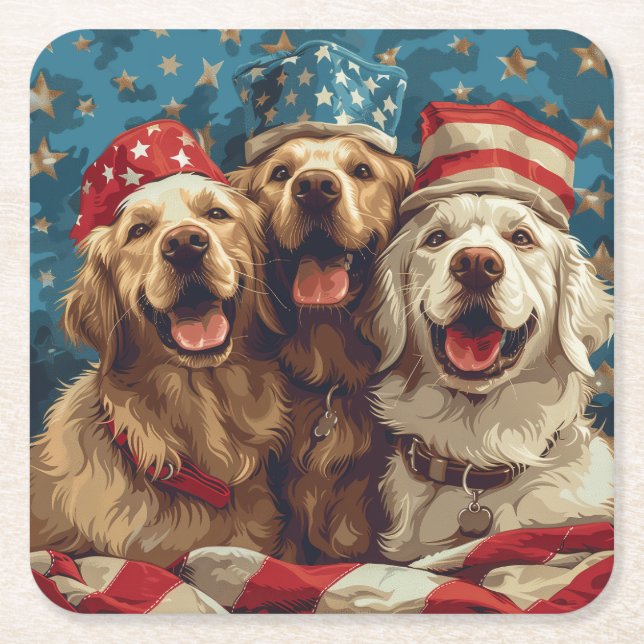 Happy Fourth Of July Golden Retriever Dogs Square Paper Coaster (Front)