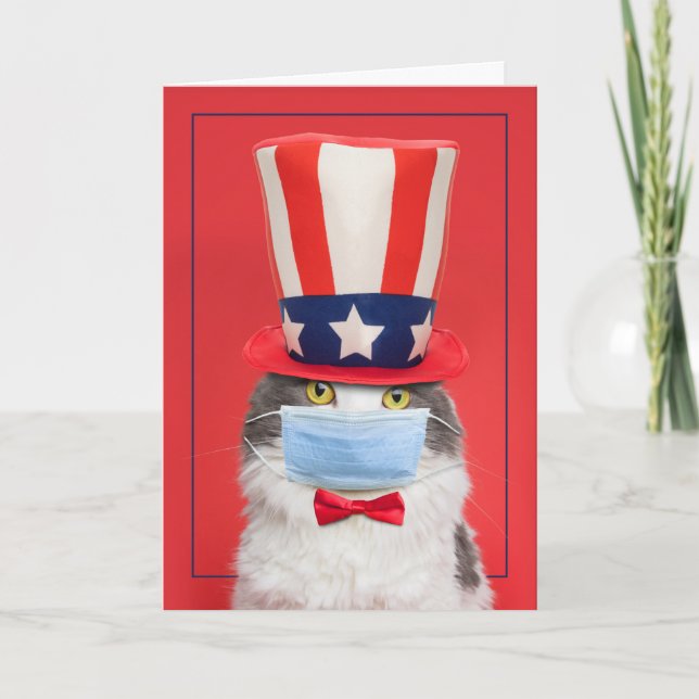 Happy Fourth of July Patriotic Cat in Face Mask Holiday Card (Front)