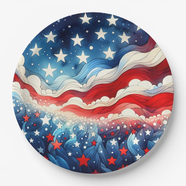 Happy Fourth of July | Patriotic Stars and Stripes Paper Plate (Front)