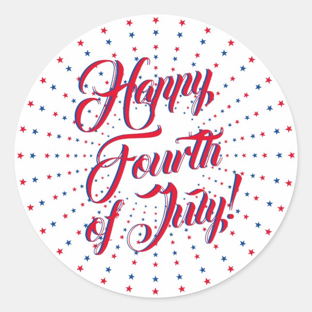 Happy Fourth of July red white blue stars firework Classic Round Sticker (Front)