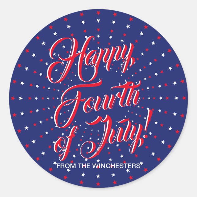 Happy Fourth of July red white blue stars script Classic Round Sticker (Front)