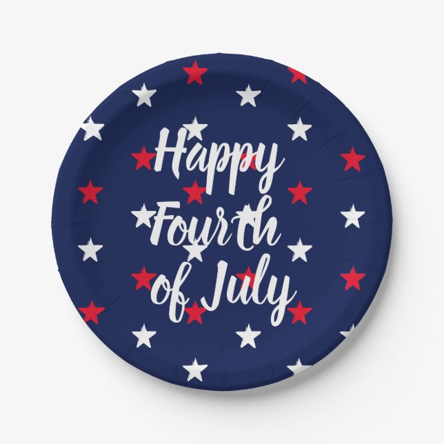 Happy fourth of July red white navy blue stars Paper Plate (Front)