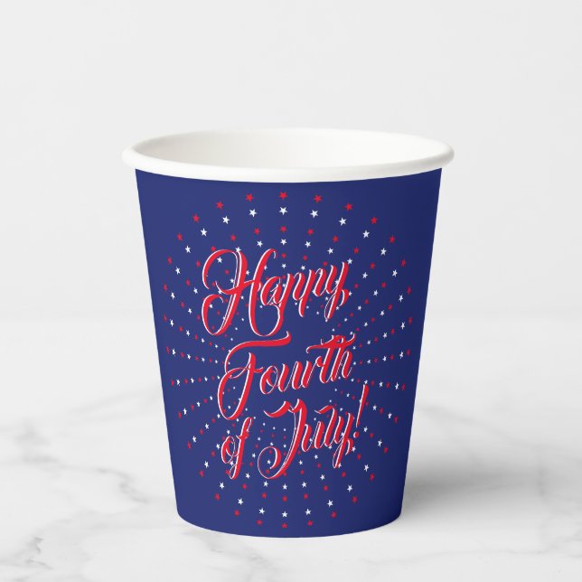Happy Fourth of July script red white navy stars Paper Cups (Front)