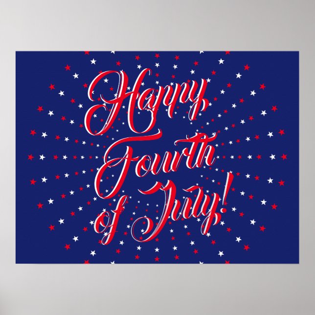 Happy Fourth of July script red white navy stars Poster (Front)